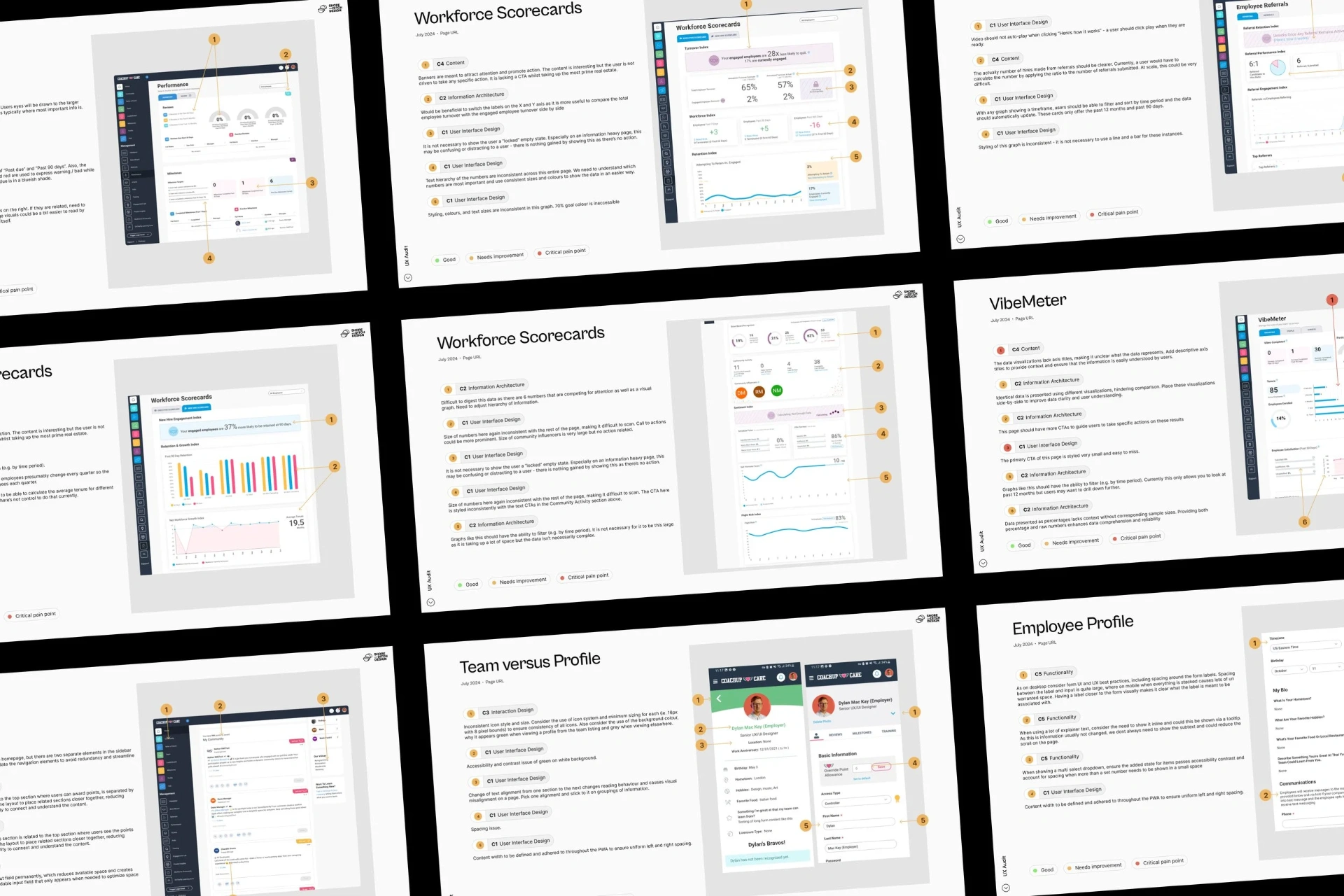 UX audit annotations across CoachUp Care desktop and mobile templates