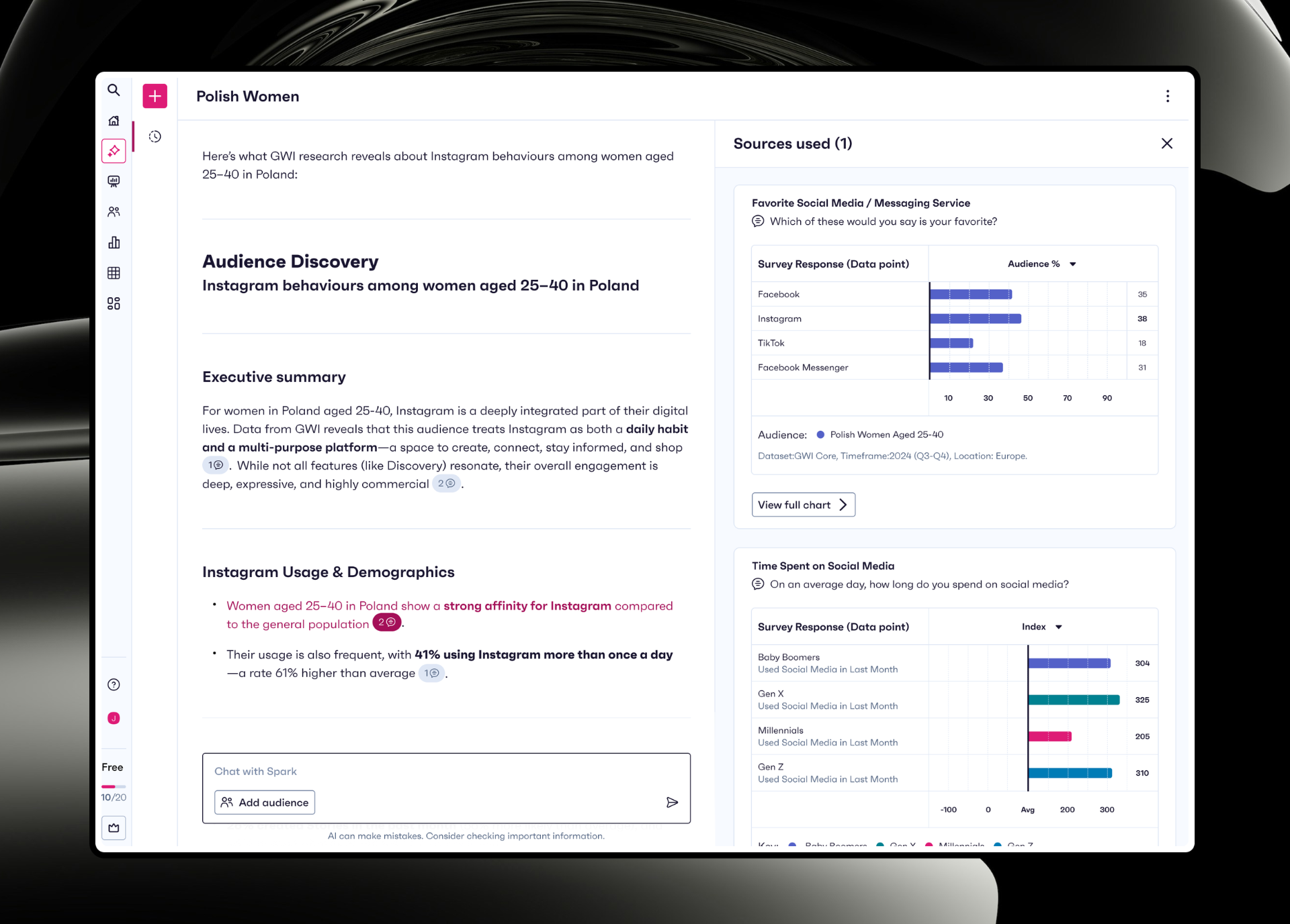Spark V2: side panel surfaces sources and charts alongside the conversation