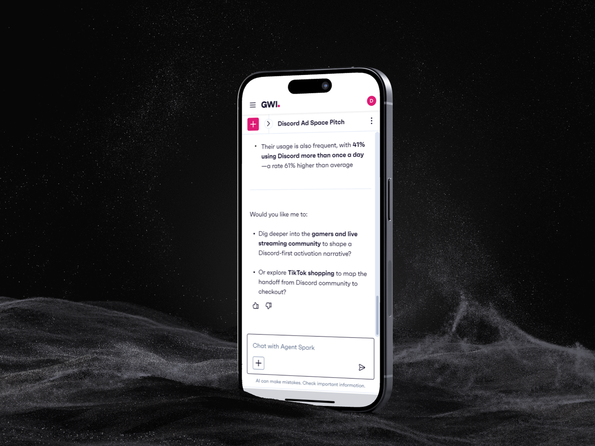 Next-step suggestions rendered as a markdown reply from Agent Spark