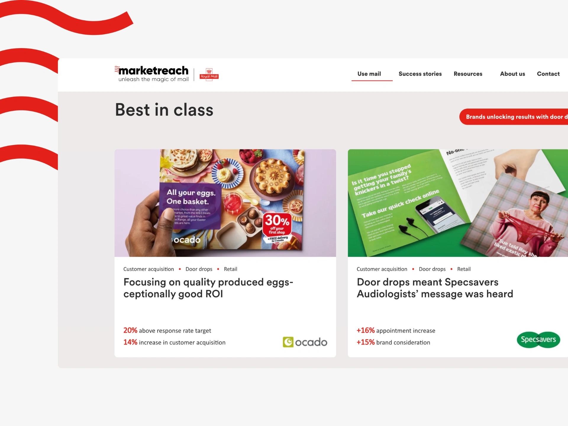 Redesigned case study cards for Ocado and Specsavers with stats and logos