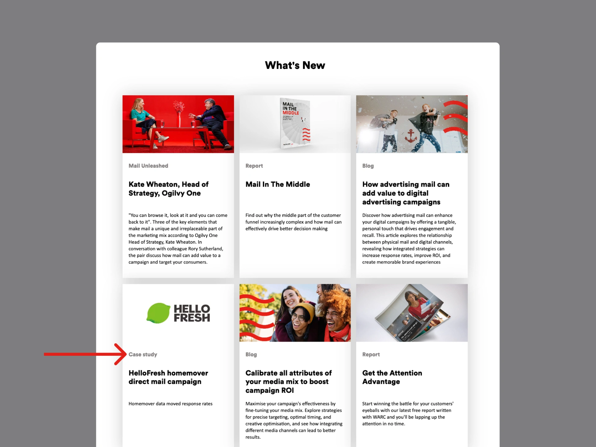 Original Marketreach What's New section with inconsistent case study cards