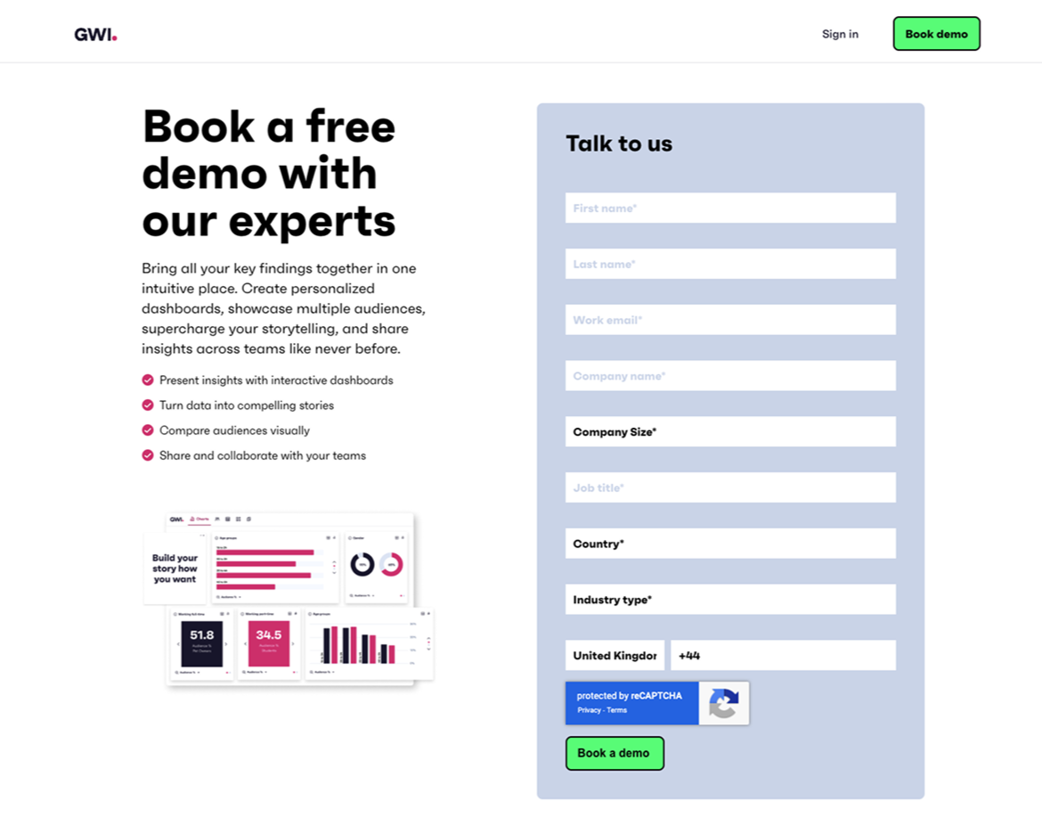 Before: external GWI marketing page with generic Book a Demo form